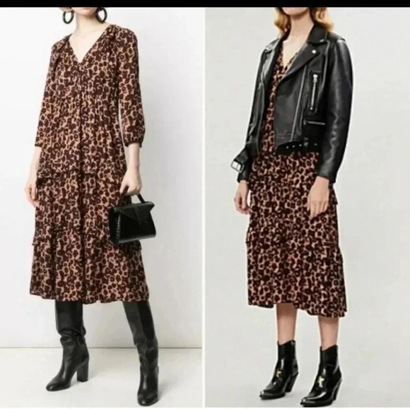 Ba&SH Tracy Animal Leopard Print Ruffle Tiered Midi Dress(XS) - Picture 2 of 12